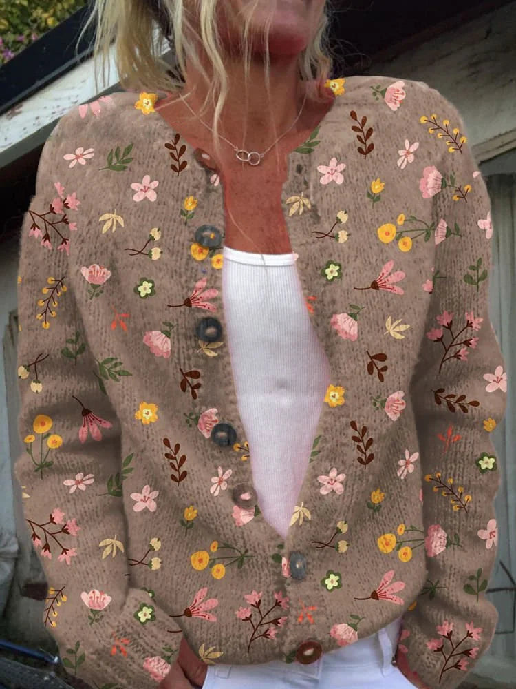 Krohn-e | Knopflose Strickjacke mit Blumenmuster Strick Elegant und Komfortabel