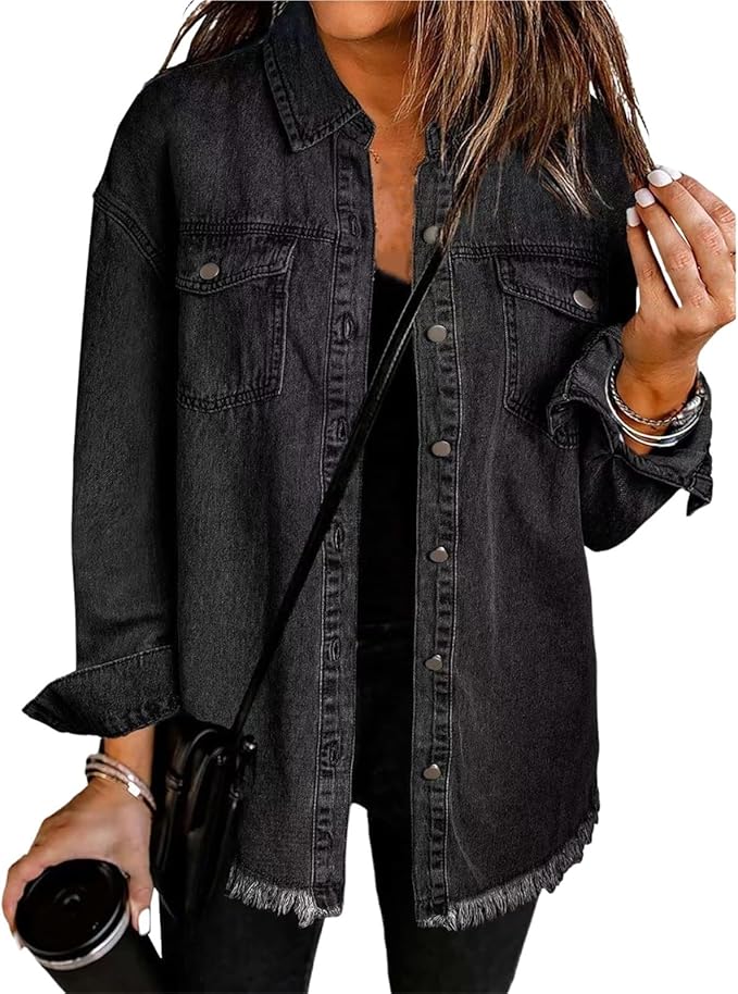 KROHN-E Damen Jeansjacke Classic Denim Knopfverschluss Brusttaschen