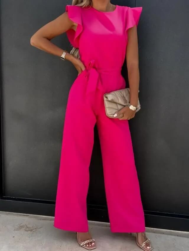Pearl | Damen Jumpsuit Rüschenärmel Weites Bein Bindegürtel Elegant