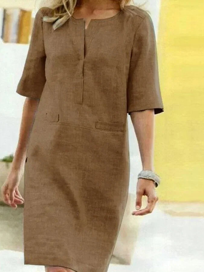 Krohn-e | Damen Kurzarm Baumwolle und Leinen Kleid