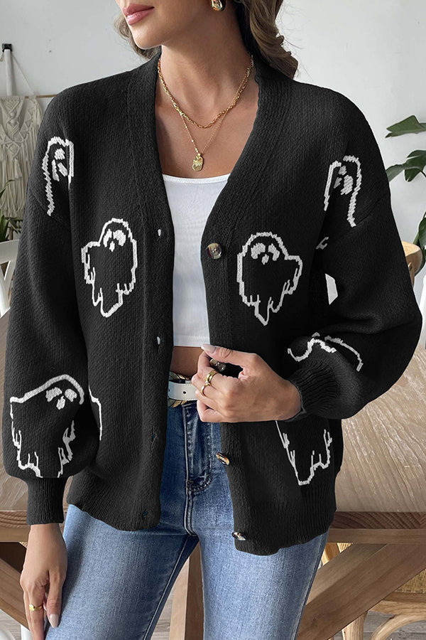 Krohn-e | Halloween Geister Strickpullover mit Knopfverschluss