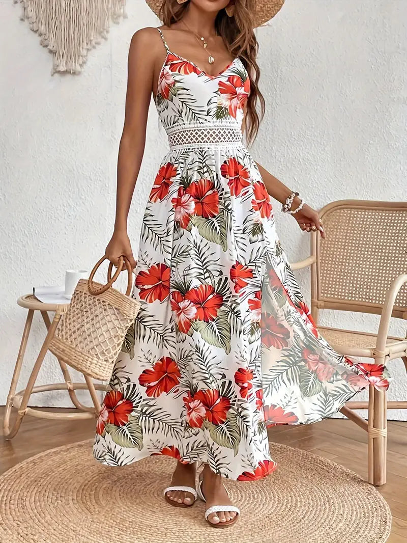 KROHN-E Damen Midi-Kleid Blumenmuster A-Linie Kurze Ärmel Sommer