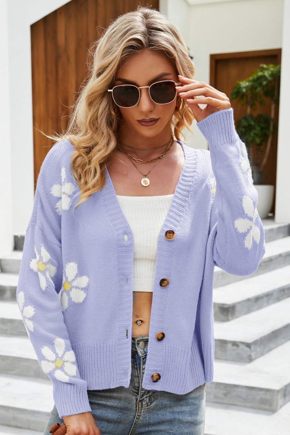 Krohn-e | Floral Ribbed Trim Drop Shoulder Cardigan