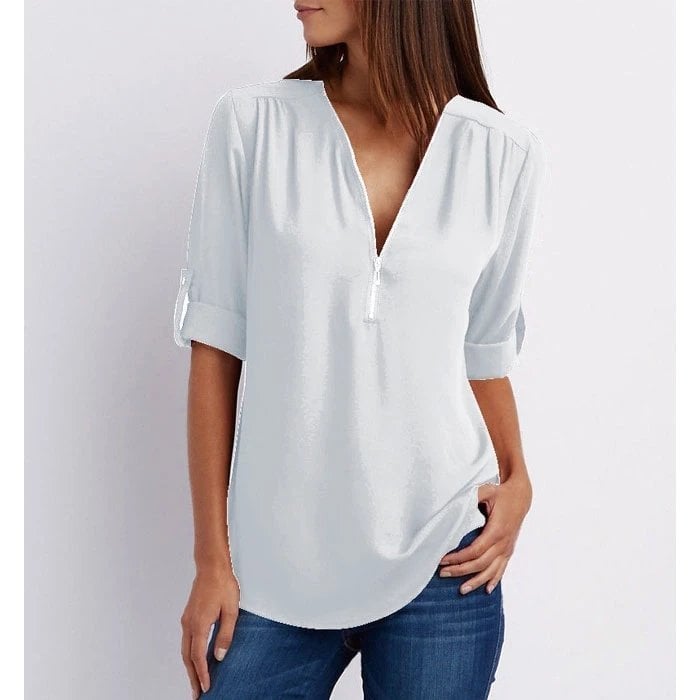 KROHN-E Damen Bluse V-Ausschnitt Reißverschluss rosa Kurzarm
