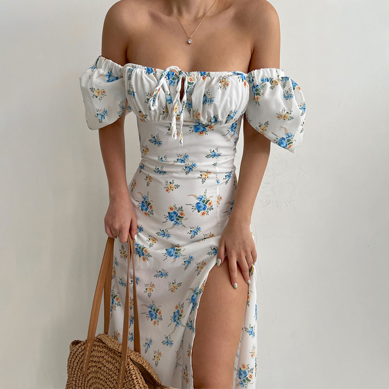 Fudus bedrucktes Kleid mit offener Schulter