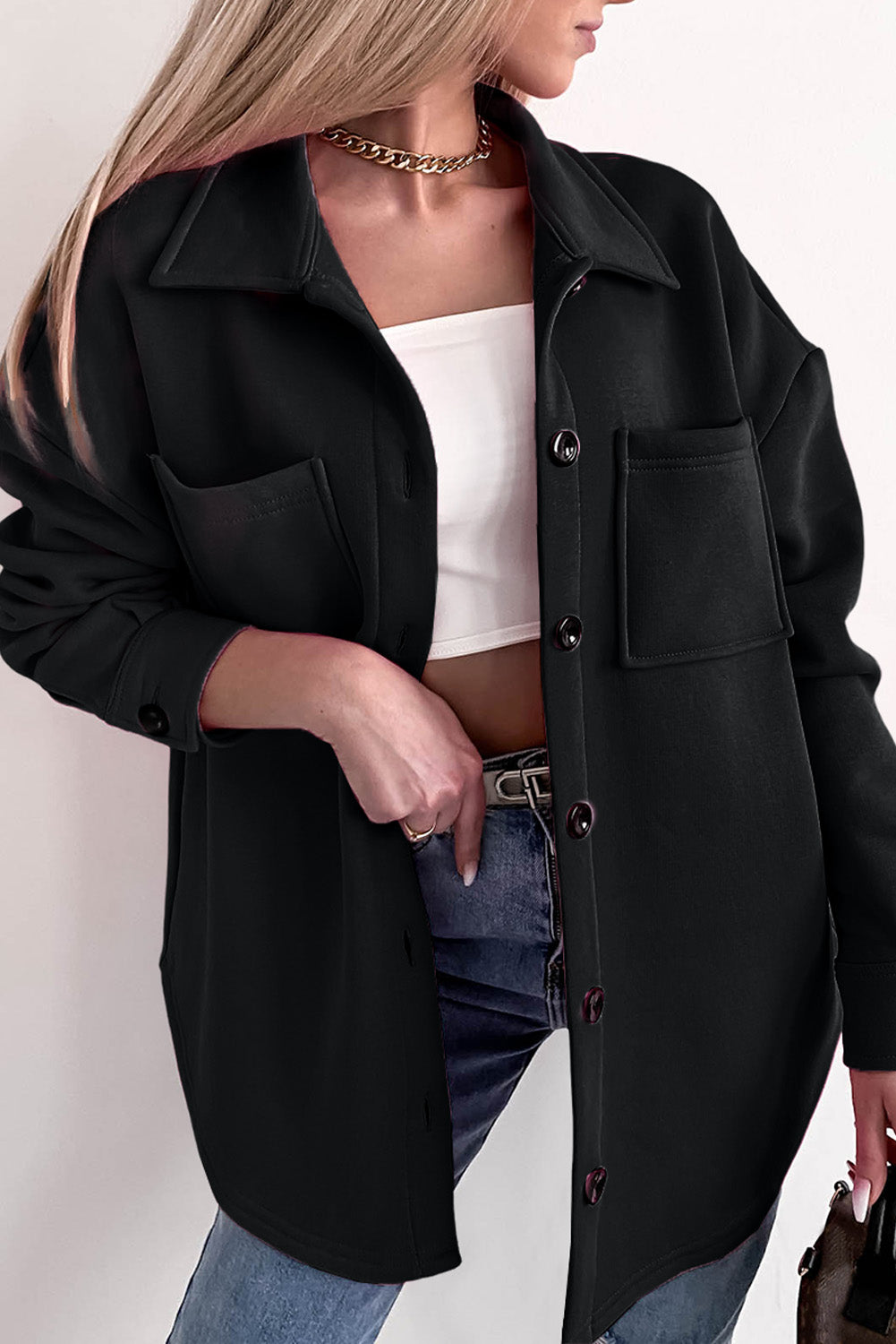 Krohn-e | Oversized Hemdbluse mit Großen Taschen Polyester Minimalistisch und Stilvoll