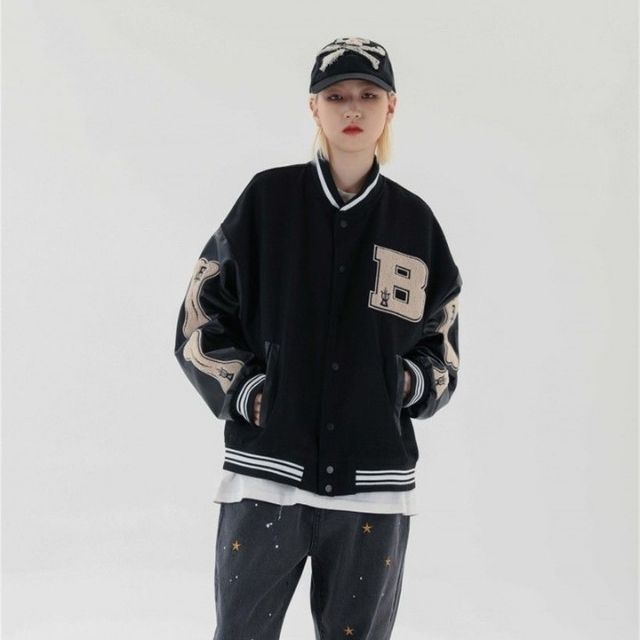 Embroidered Patch Varsity Bomber Jacket by Avelena