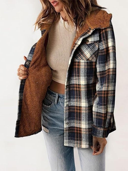 Krohn-e | Plaid Jacke Langarm Schnalle Wolle mit Kapuze