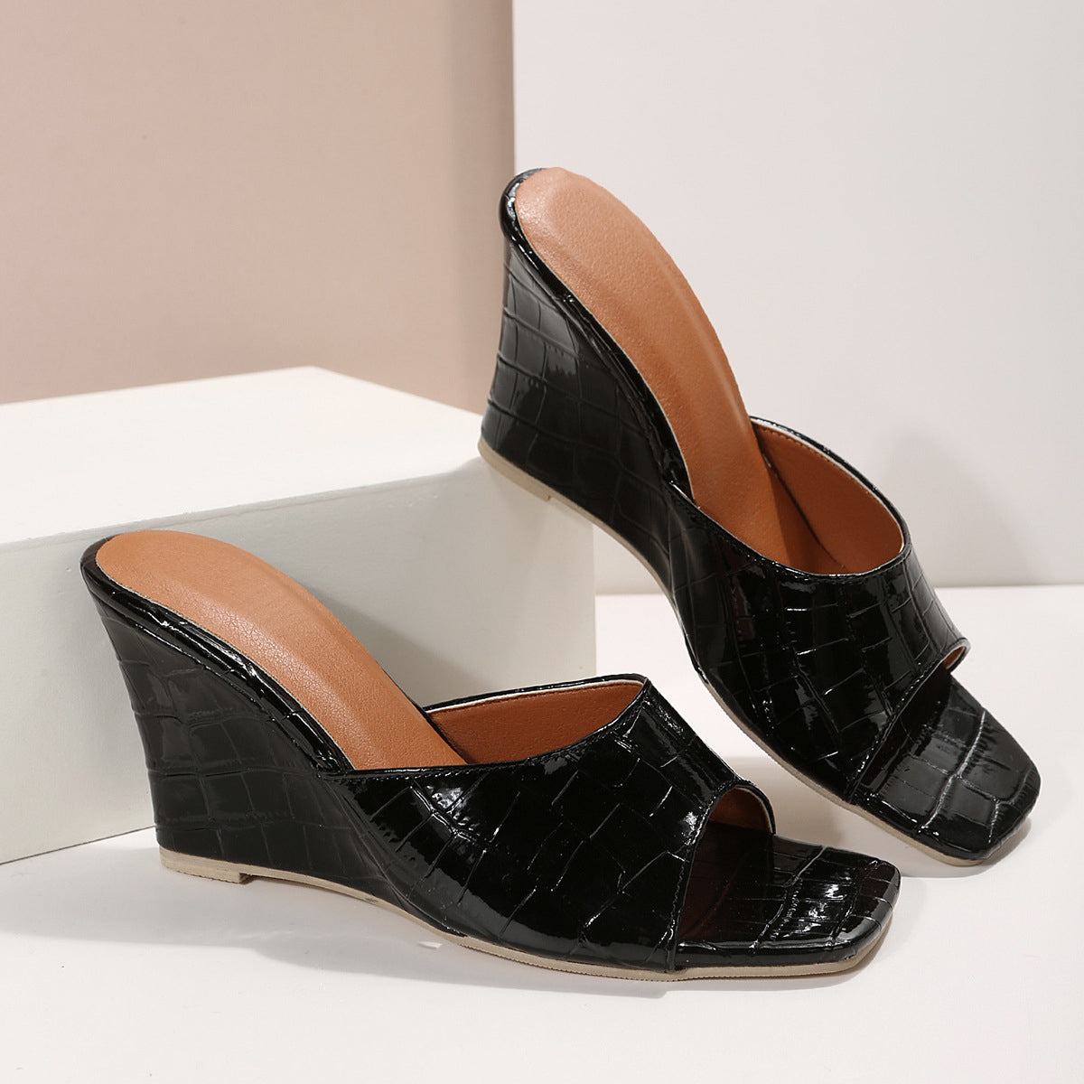 KROHN-E Damen Keilabsatz-Schuhe Schlangenmuster Kunstleder Wedge