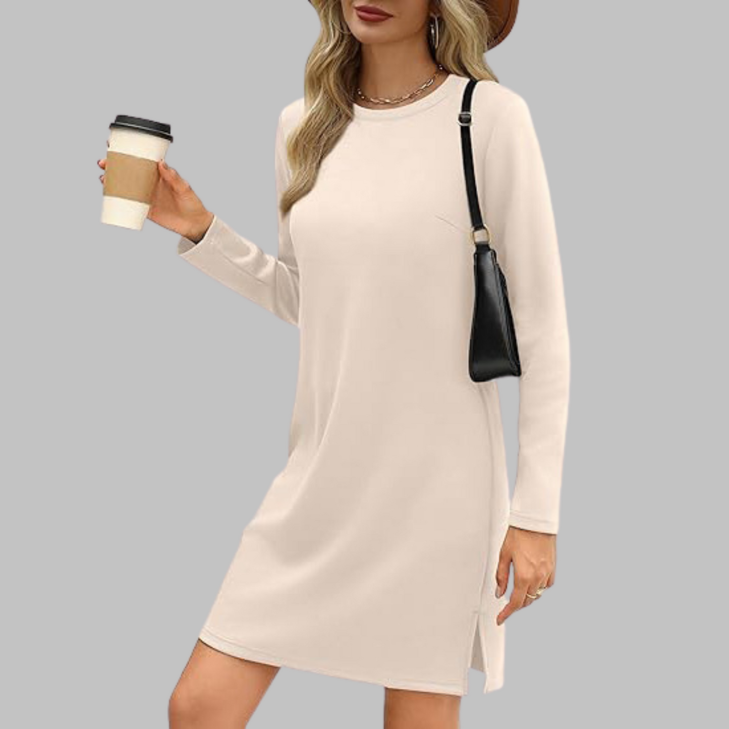KROHN-E Damen Langarmkleid Rundhals Relaxed Fit Alltagskleid