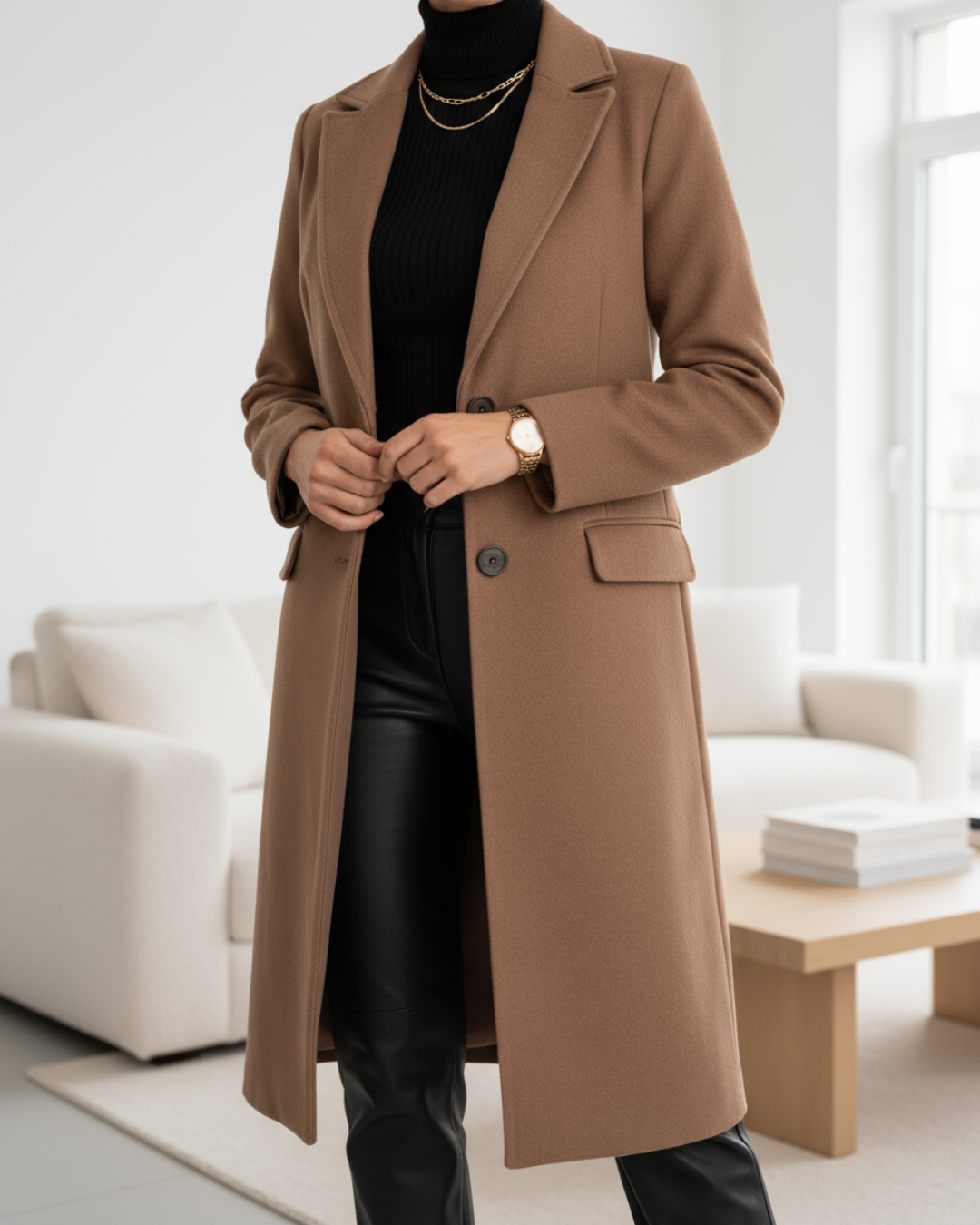 KROHN-E Damen Mantel Lang Tailliert Klassisch Elegant