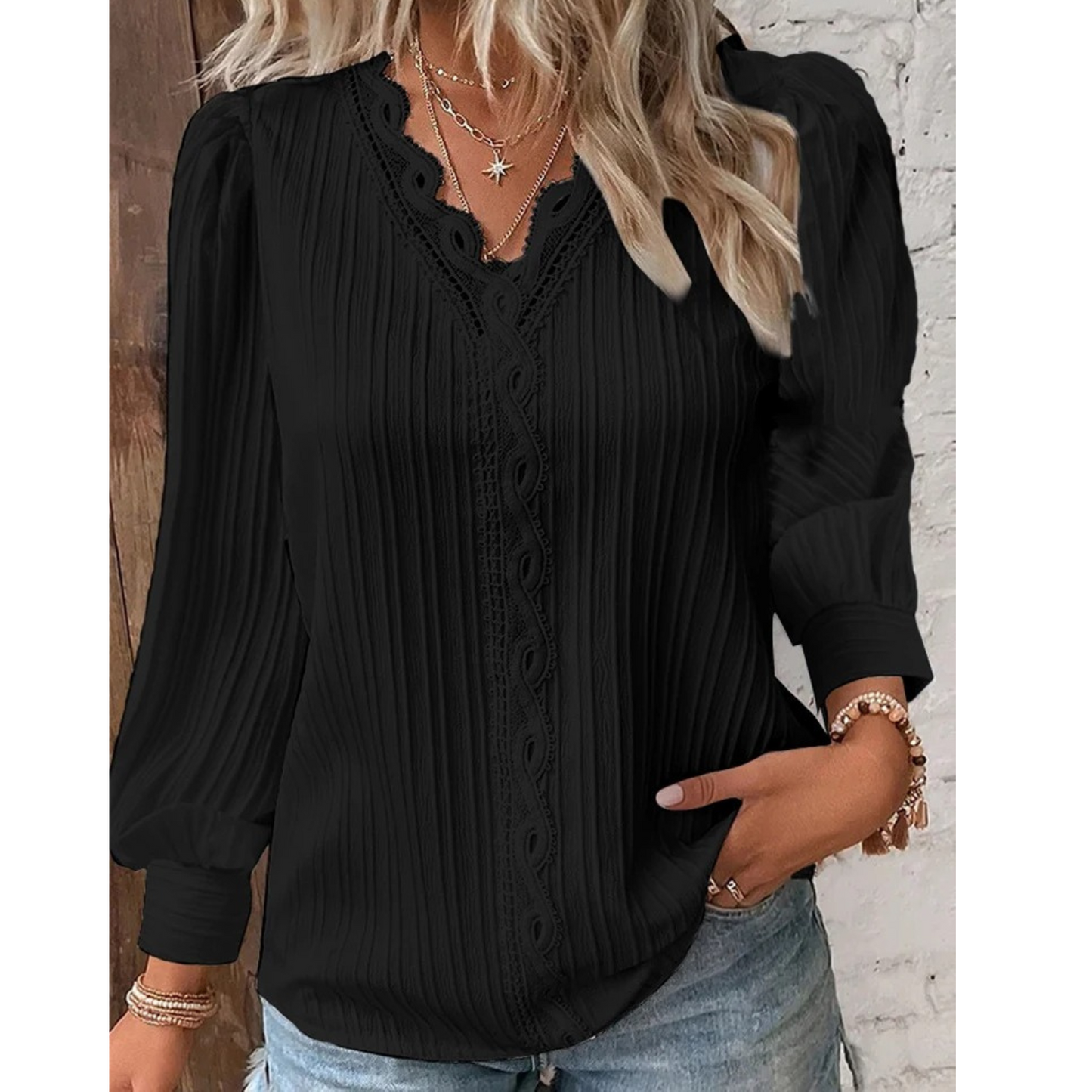 Bluse für Damen mit V-Ausschnitt und Spitze von Fudus