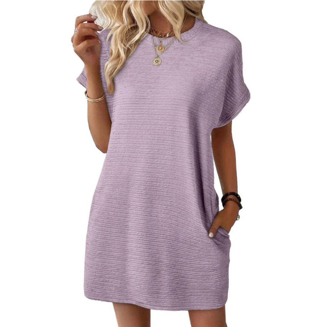 KROHN-E Damen Mini-Kleid Rundhals Kurze Ärmel Pink