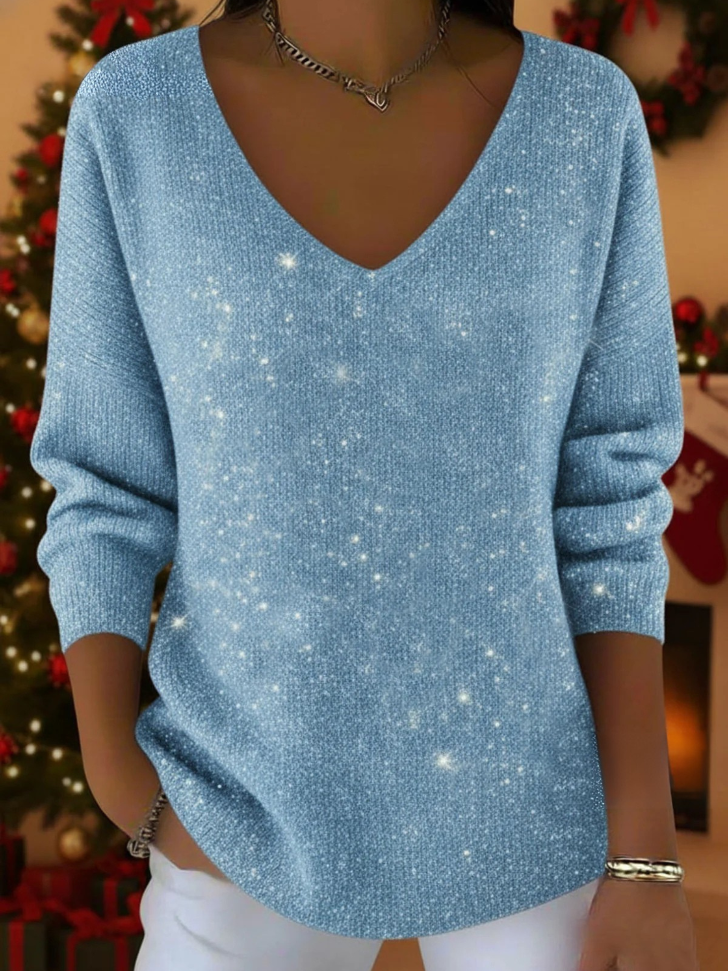 KROHN-E Damen Pullover V-Ausschnitt Festliches Design Strick