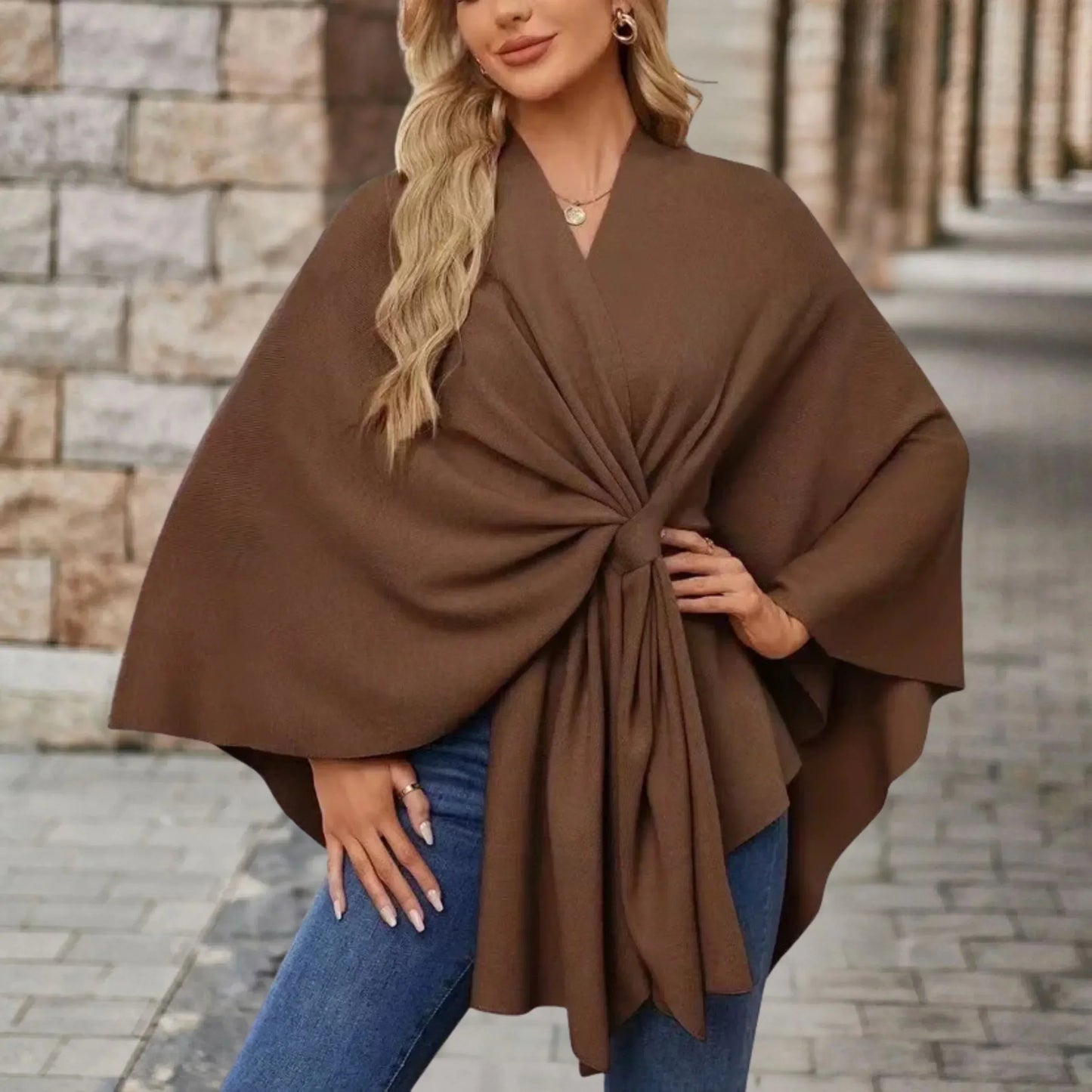 KROHN-E Damen Poncho Leicht Draped Knoten-Design Oversized