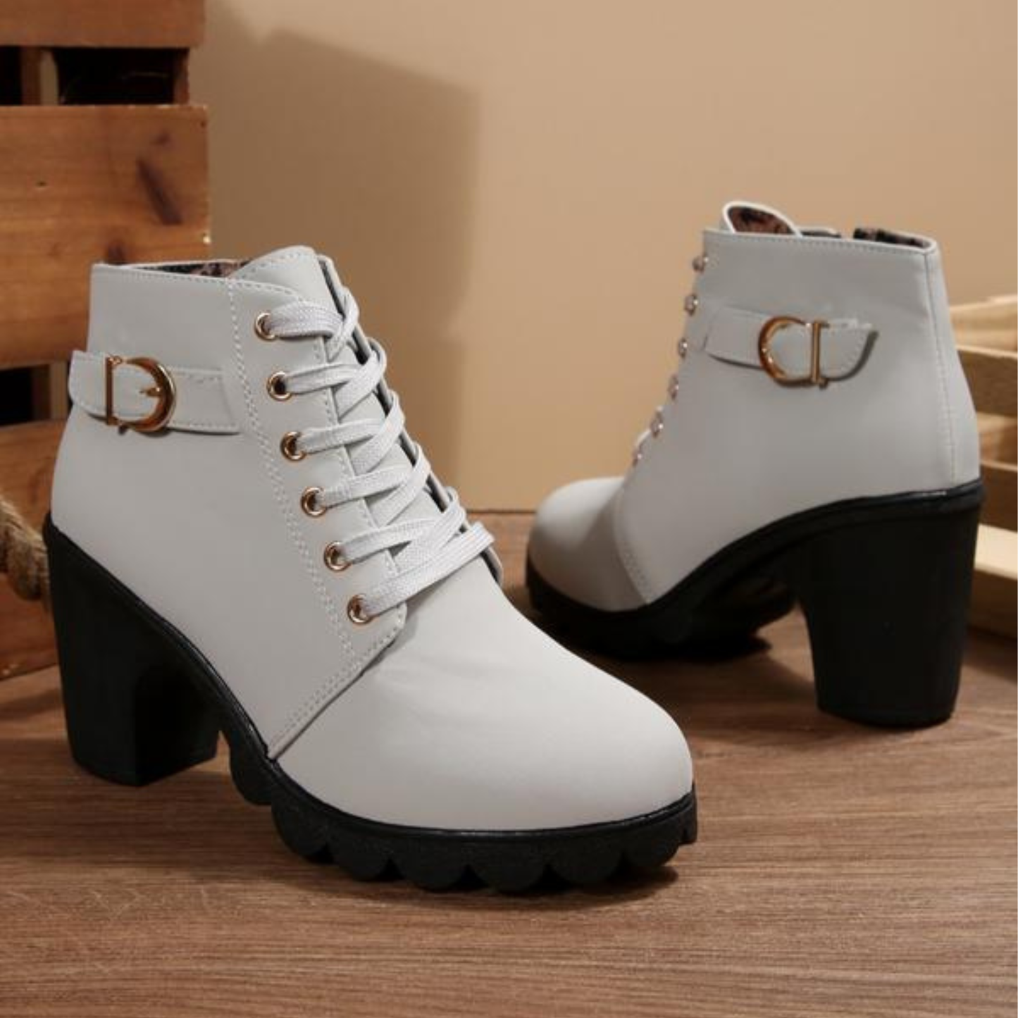 KROHN-E Damen Stiefeletten Chunky Schnürung Robuste Sohle