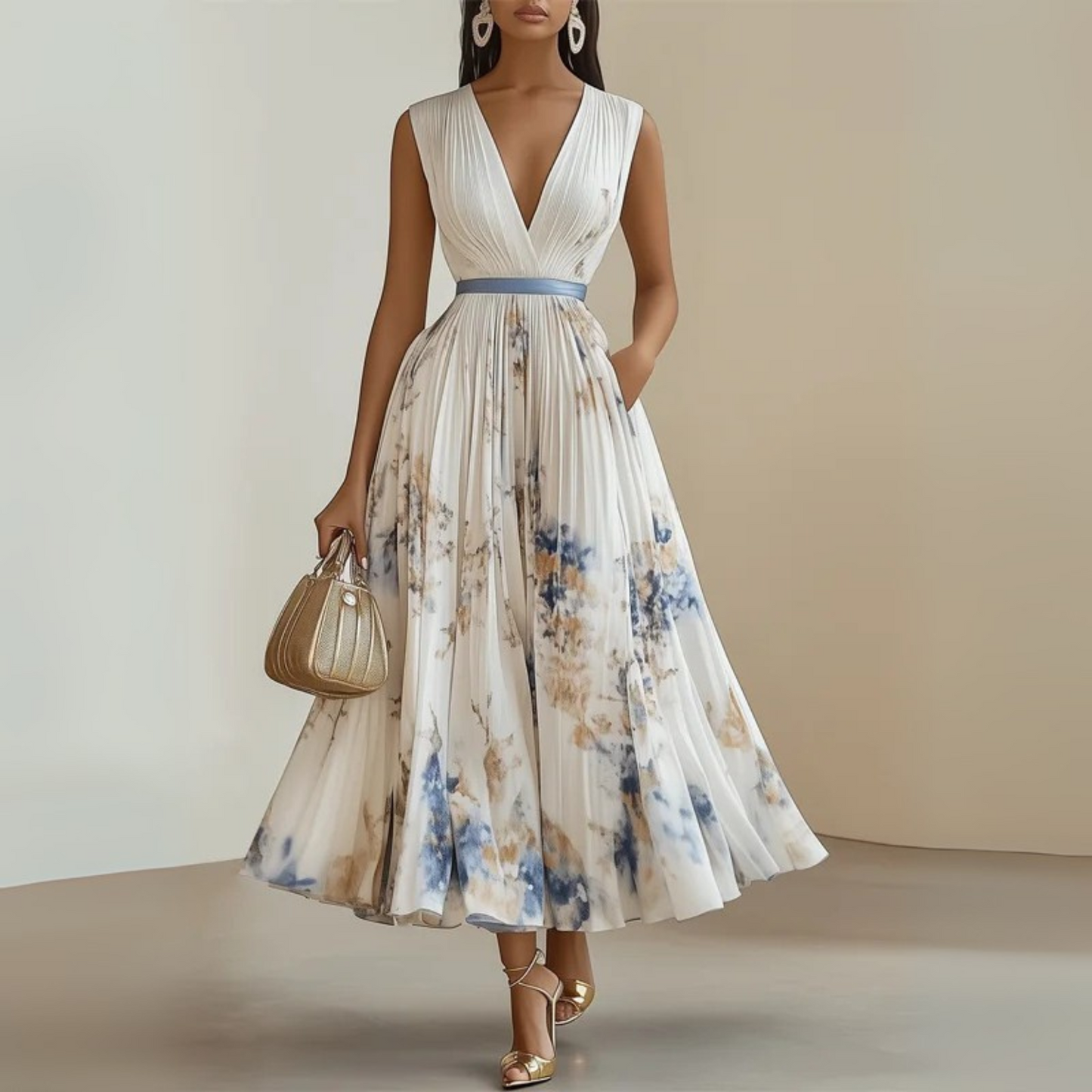 KROHN-E Damen Maxi-Kleid Ärmellos V-Ausschnitt Leichter Stoff Fließend