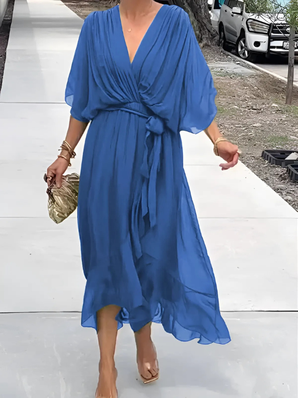 KROHN-E Damen Wrap Midi-Kleid Verstellbarer Gürtel