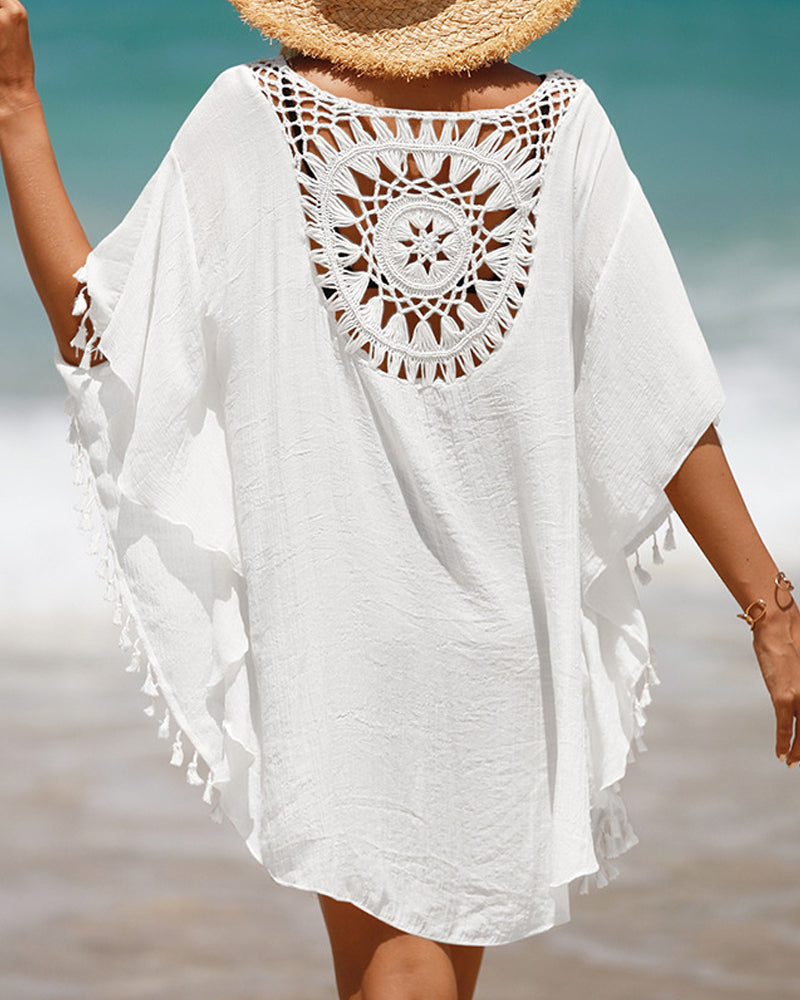 KROHN-E Damen Strandkleid Cover-Up Häkel Weiß Quasten