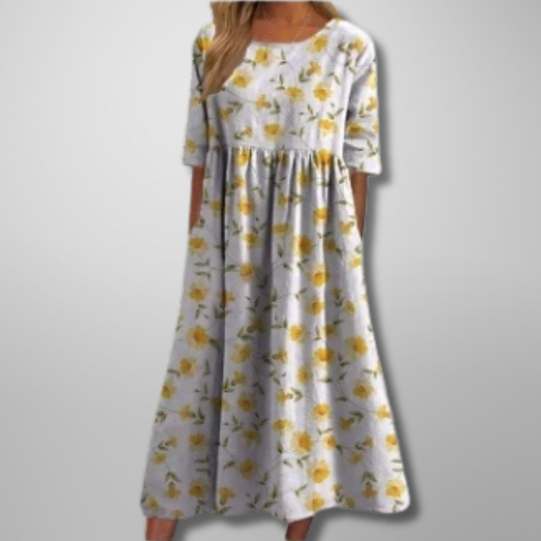 KROHN-E Damen Midi-Kleid Blumenmuster Entspannte Passform