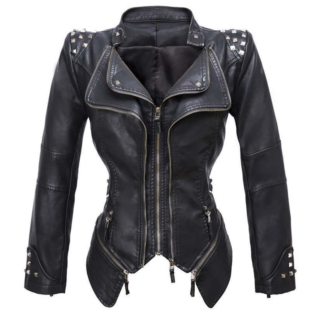 Krohn-e | Damen Enganliegende Genietete Biker Lederjacke