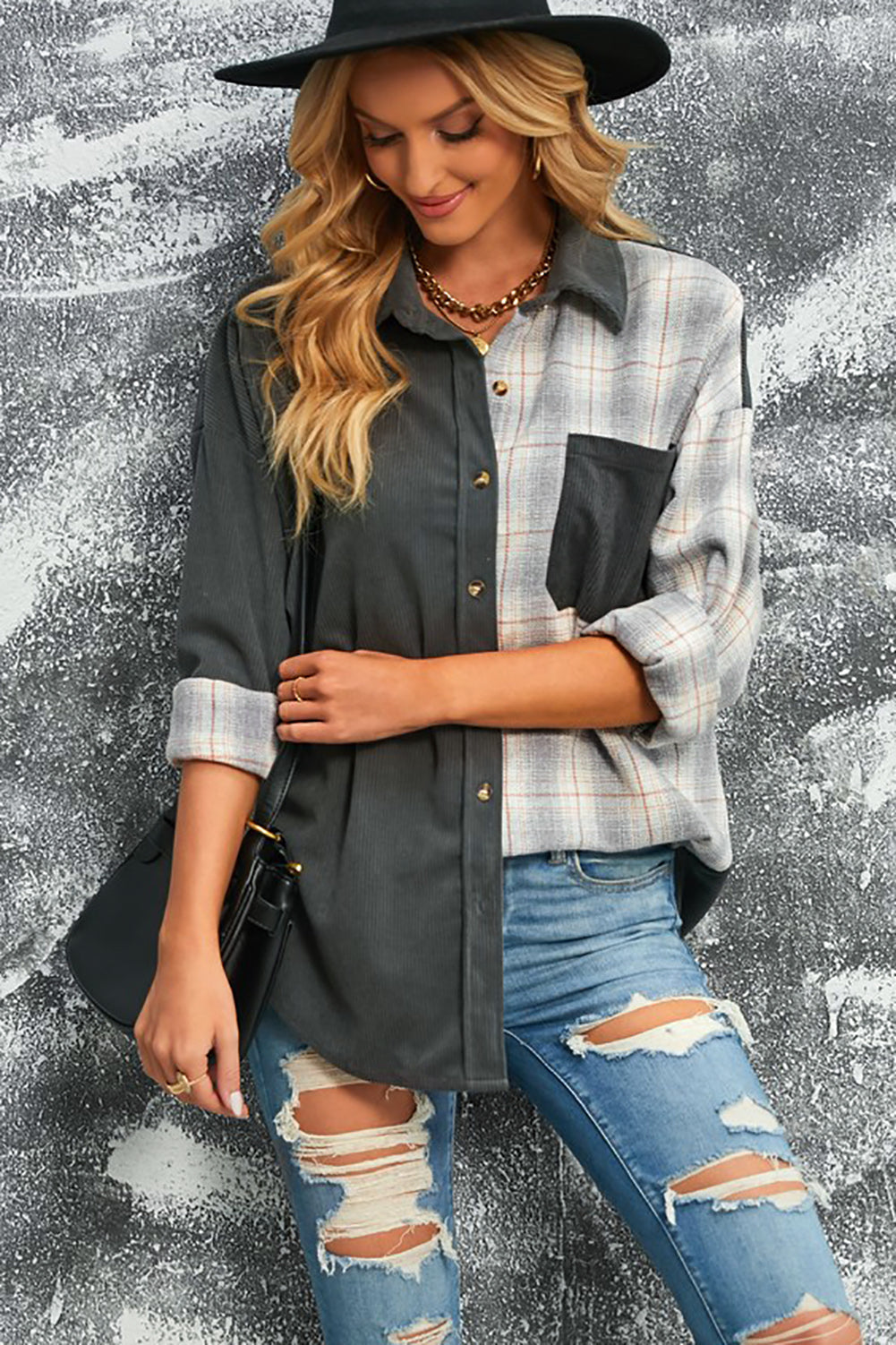 Krohn-e | Karierte Farbblock Gefallen Schulter Corduroy Shacket