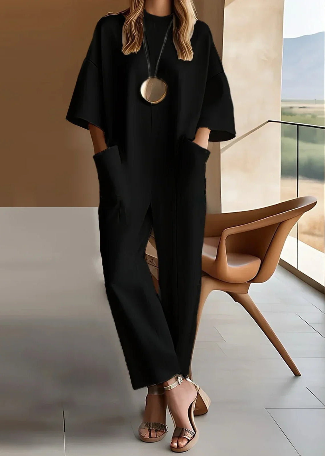 KROHN-E Damen Wide-Leg Jumpsuit Kurzarm Rundhals Overall Entspannt