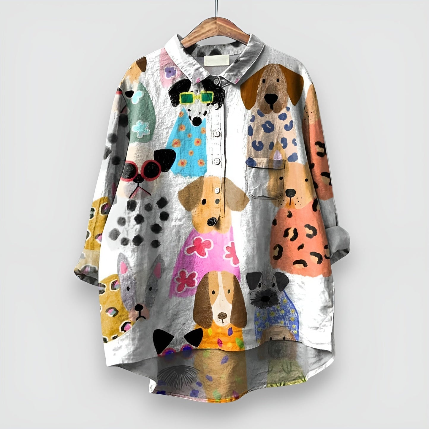 Penny | Damen-Bluse mit langen Ärmeln und Hundemuster, Übergroß