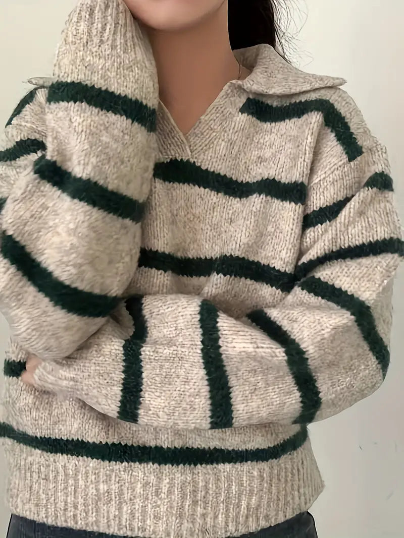 Krohn-e | Gestreifter Strickpullover mit V-Ausschnitt