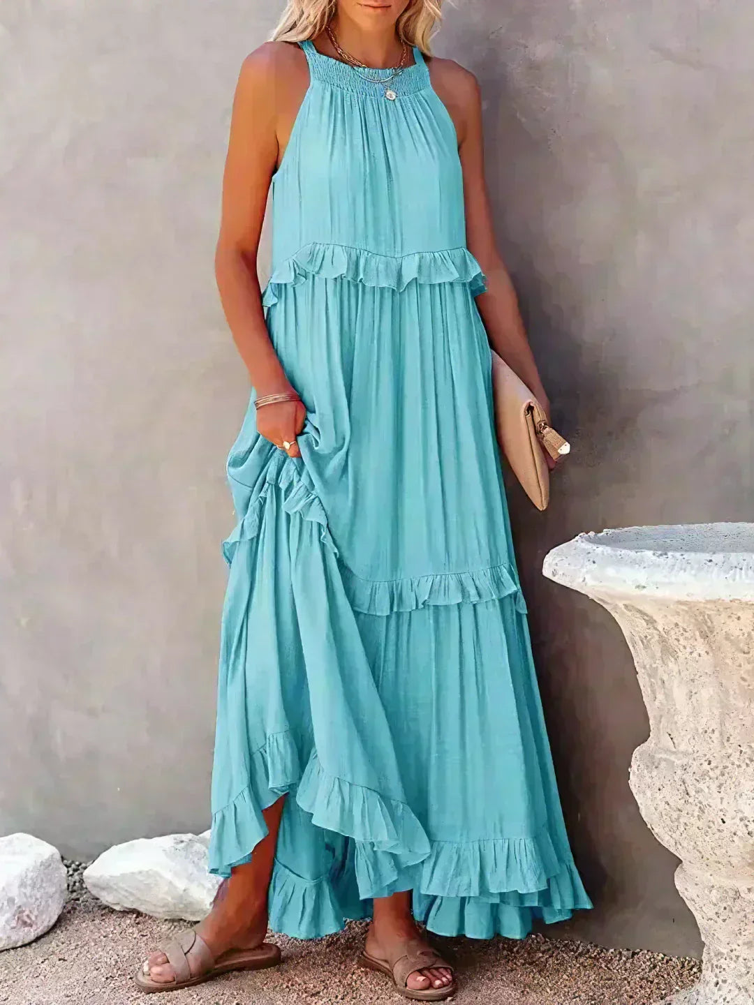 KROHN-E Damen Ärmelloses Kleid Rüschen Fließend Sommerkleid Romantisch
