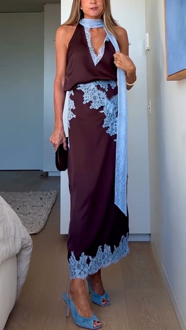 KROHN-E Damen Spitzen-Set Top Rock Zweiteilig Elegant