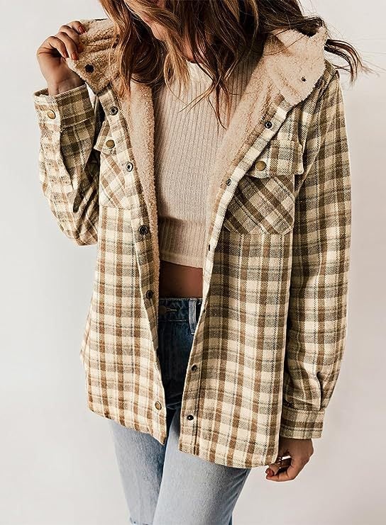 Krohn-e | Plaid Jacke Langarm Schnalle Wolle mit Kapuze