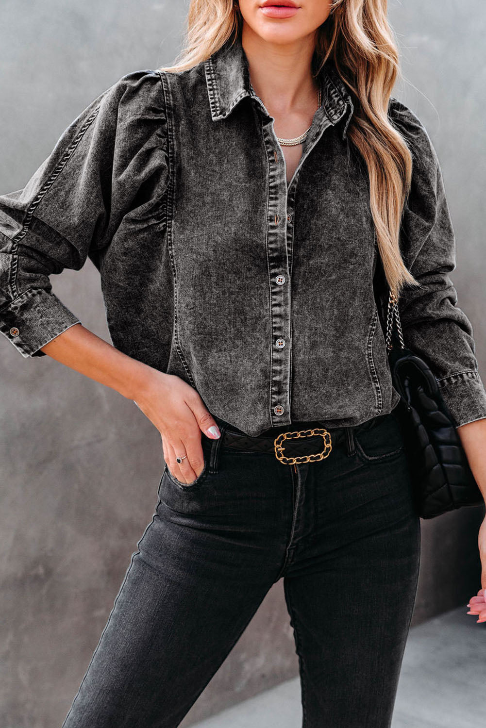 Krohn-e | Denim-bluse mit Puffärmeln Baumwolle Klassischer und Eleganter Stil