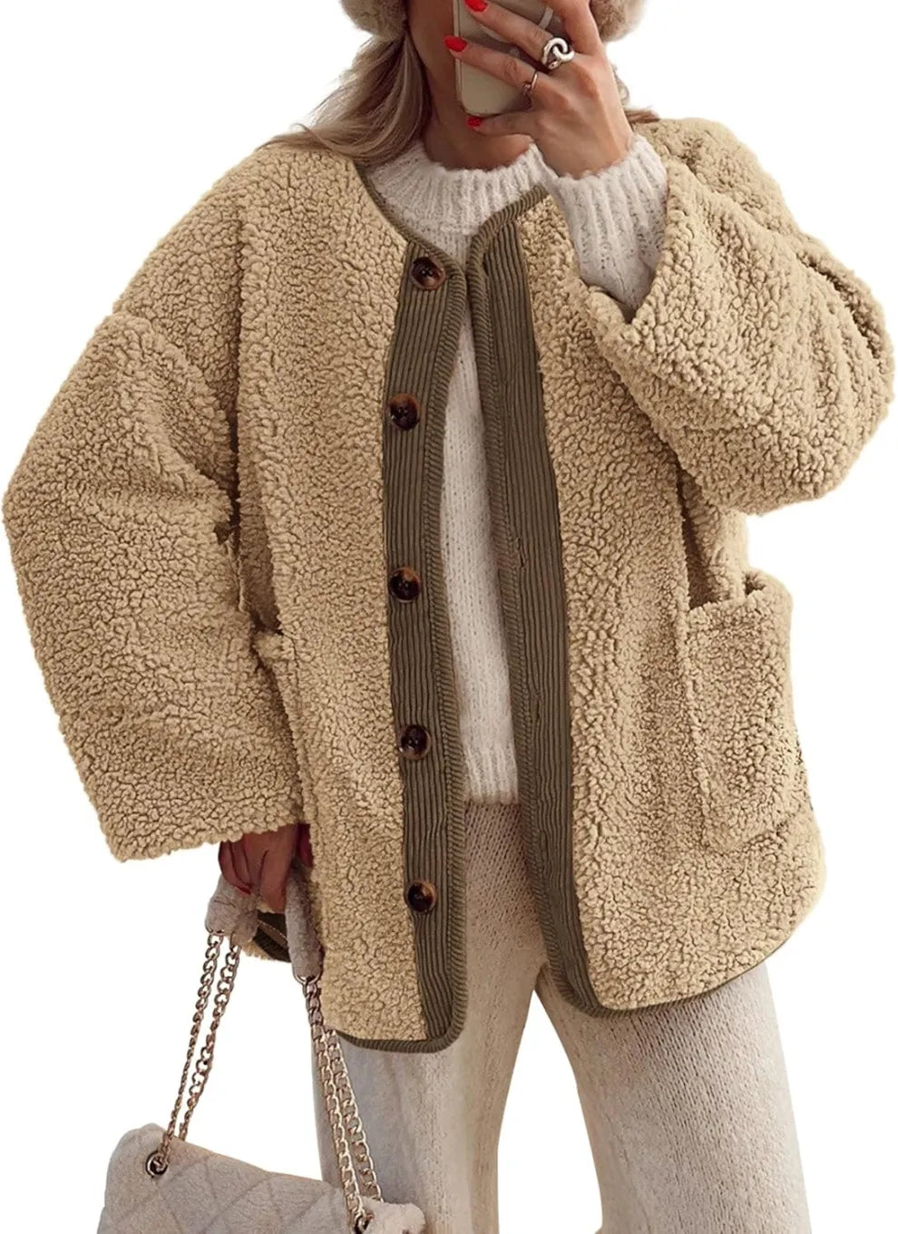 Krohn-e | Damen Warme Winterjacken - Lässige Langarm Button-up Fleecejacke aus Sherpa
