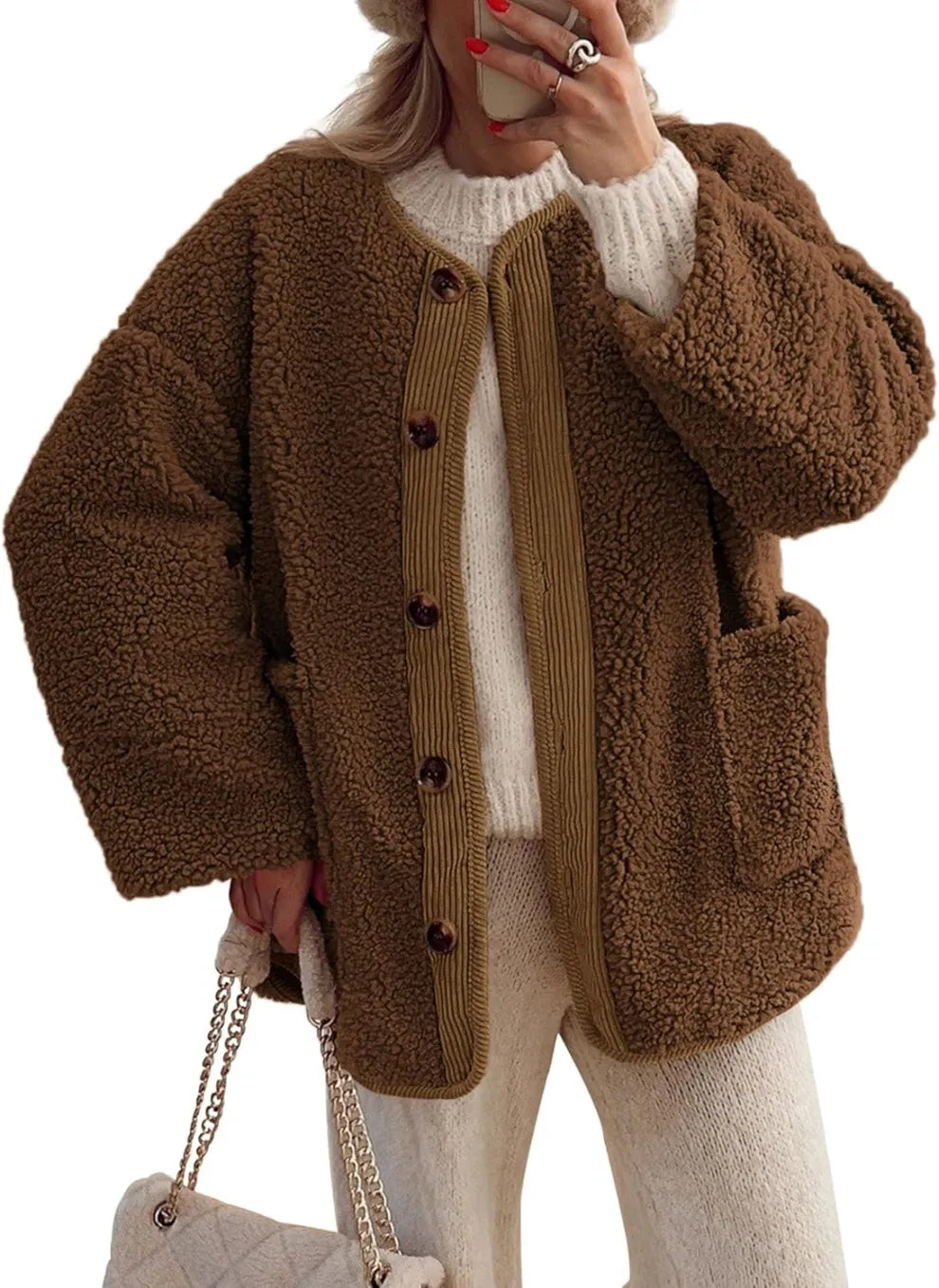 Krohn-e | Damen Warme Winterjacken - Lässige Langarm Button-up Fleecejacke aus Sherpa