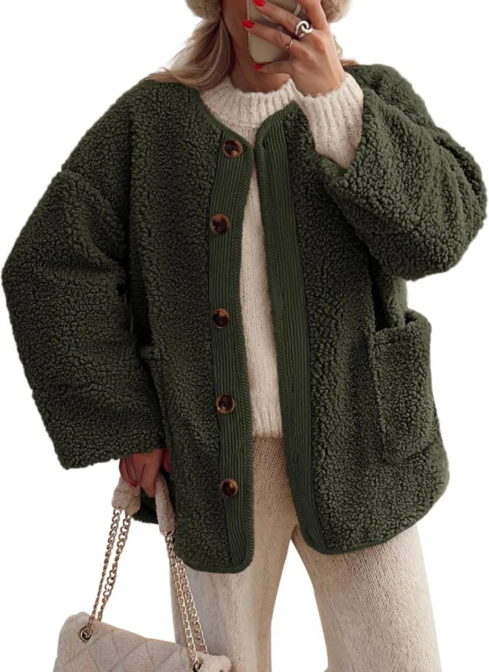 Krohn-e | Damen Warme Winterjacken - Lässige Langarm Button-up Fleecejacke aus Sherpa