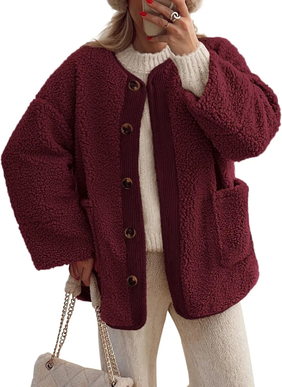 Krohn-e | Damen Warme Winterjacken - Lässige Langarm Button-up Fleecejacke aus Sherpa