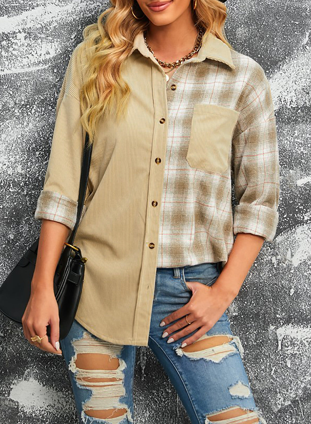 Krohn-e | Karierte Farbblock Gefallen Schulter Corduroy Shacket