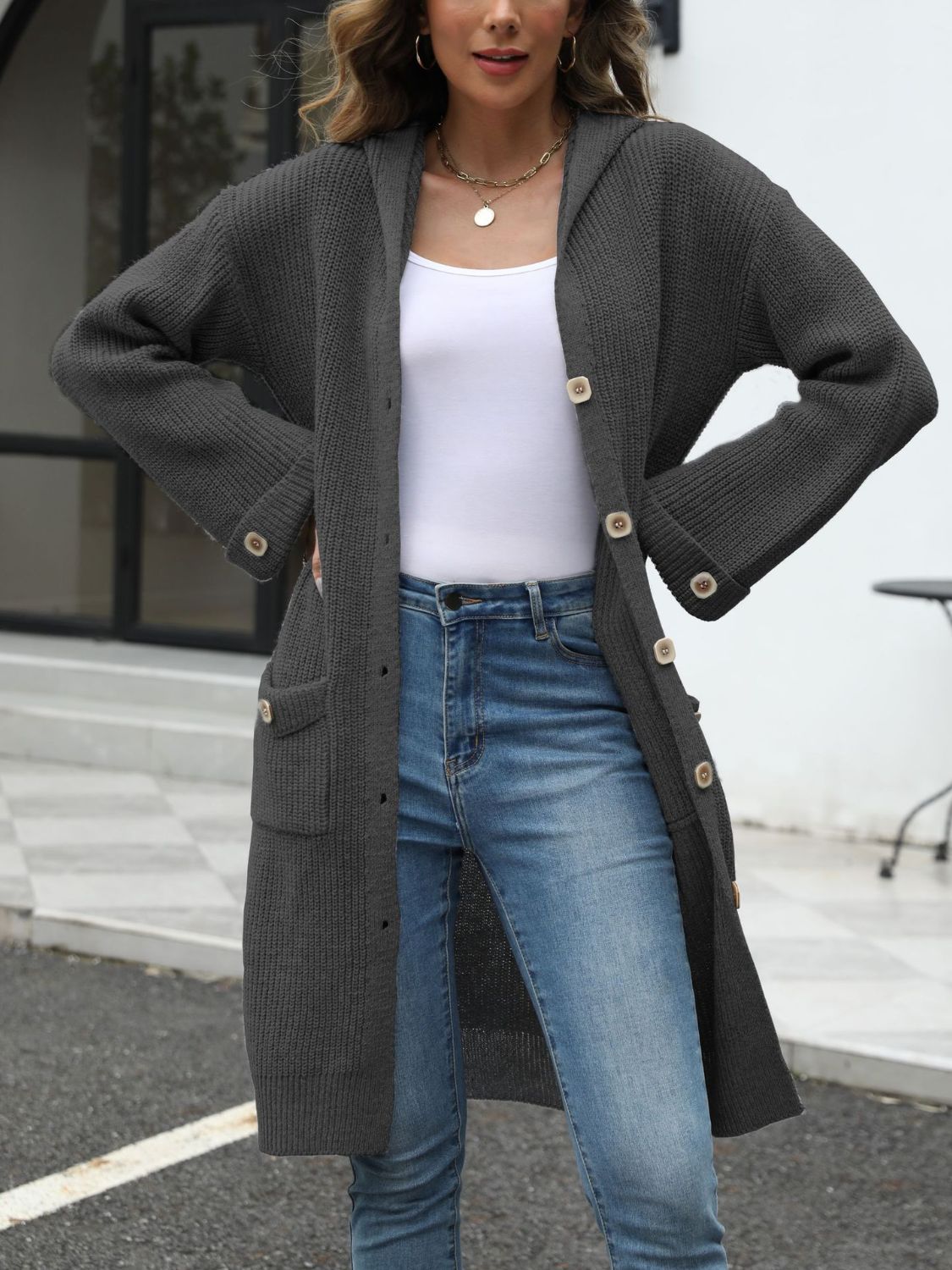 Krohn-e | Lange Strickjacke Knopfverschluss Zeitlos und Bequem