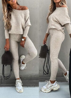 Krohn-e | Off Shoulder Damen Pullover Satz mit Leggings