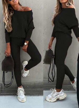 Krohn-e | Off Shoulder Damen Pullover Satz mit Leggings