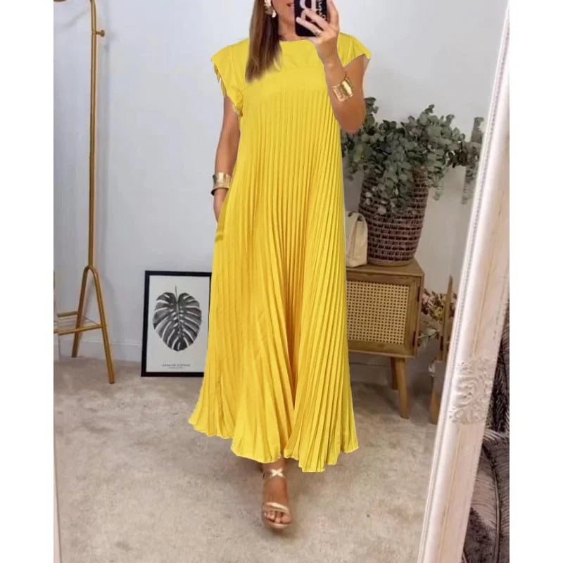 KROHN-E Damen Maxi-Kleid Plissiert Fließend Elegant Vielseitig