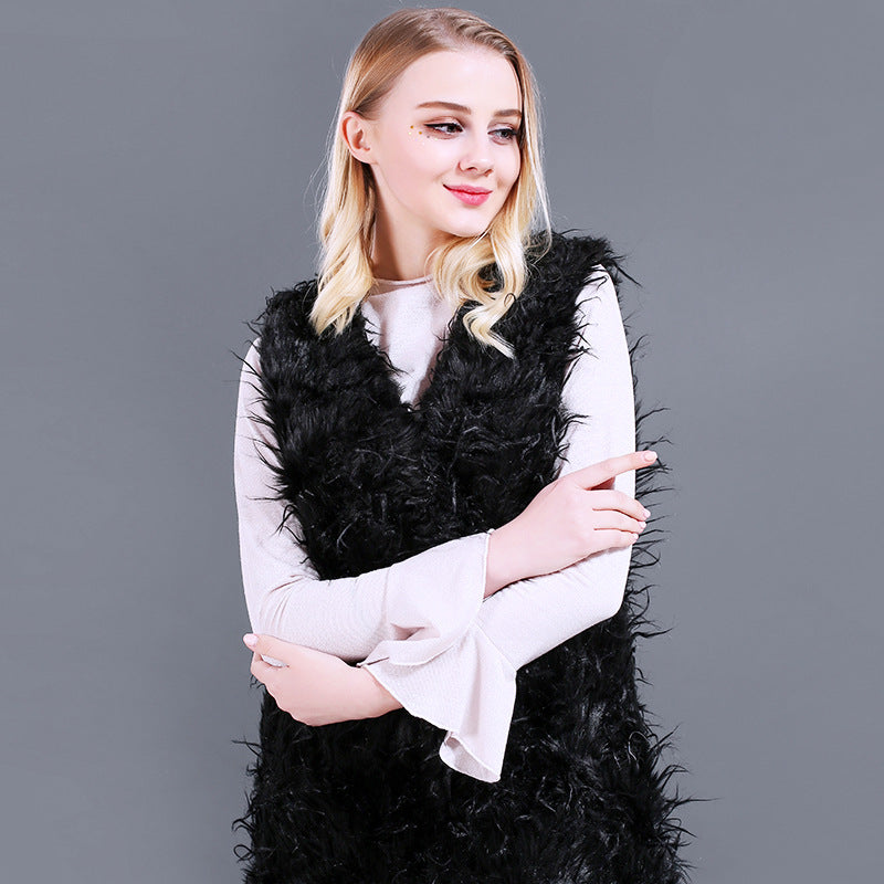 Damen Flauschige Kaftan-Weste aus Kunstpelz mit tiefem V-Ausschnitt und Seitentaschen Krohn-e
