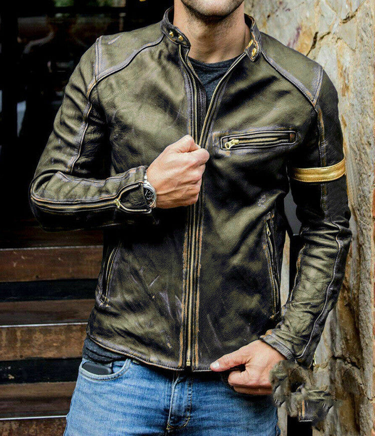Herren Vintage Leder-Bikerjacke mit Reißverschluss
