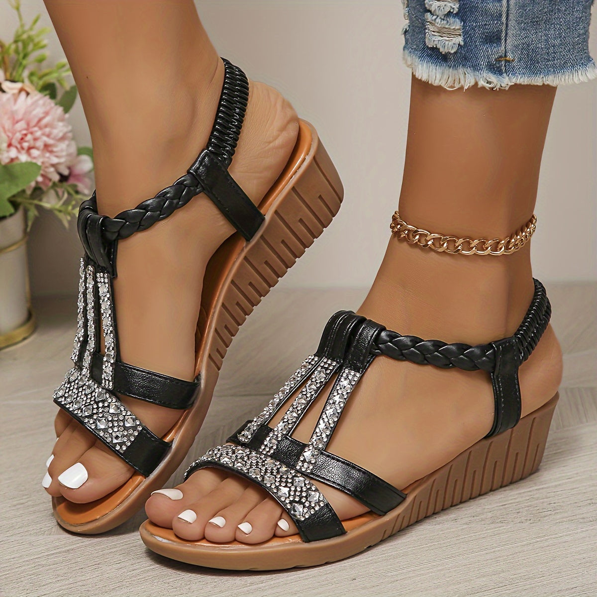 KROHN-E Damen Sandalen Geflochten Strass Riemen Gold