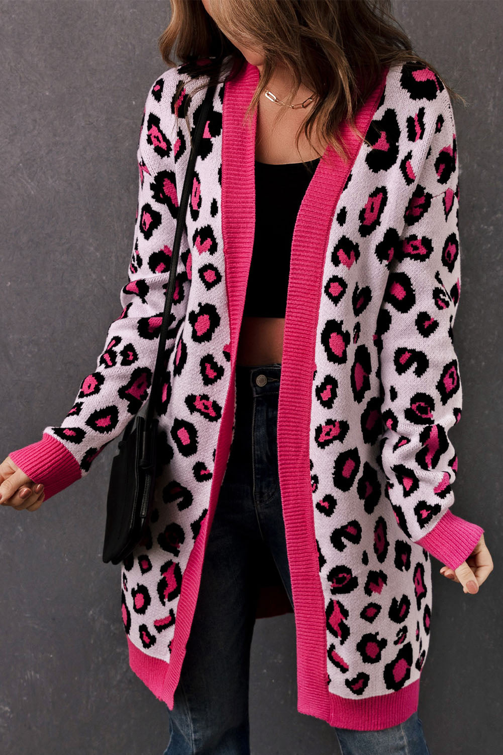 Krohn-e | Leopard-Kontrastbesatz Offene Vorderseite Langarmlange Strickjacke