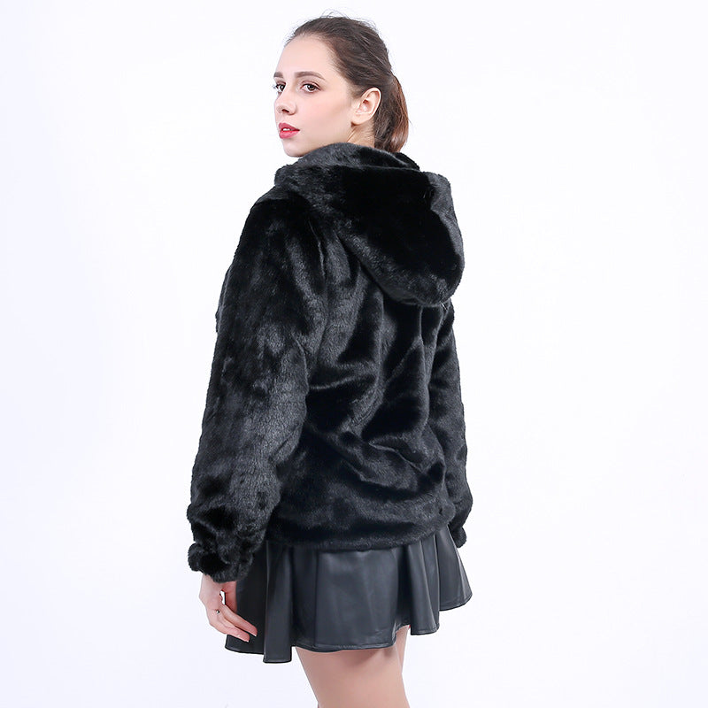 Damen Flauschige Kunstpelzjacke mit Kapuze Krohn-e