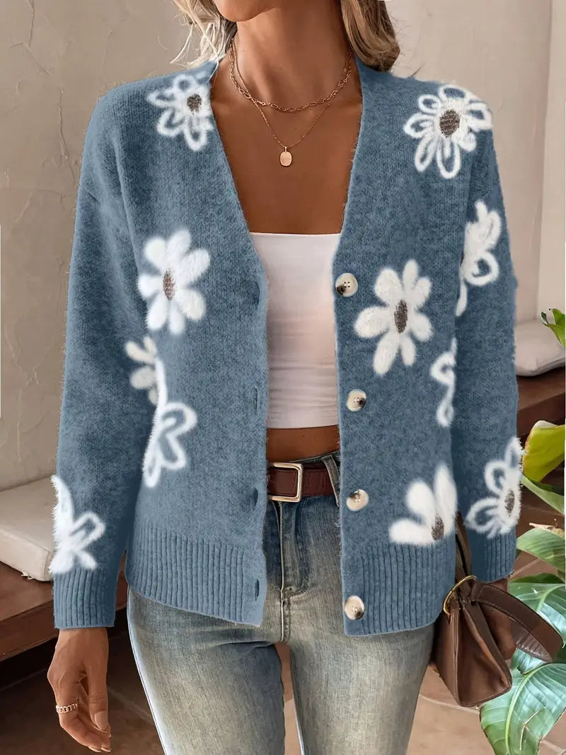 Strickjacke mit V-Ausschnitt, langen Ärmeln, Knopfleiste und Blumenmuster von Dustine