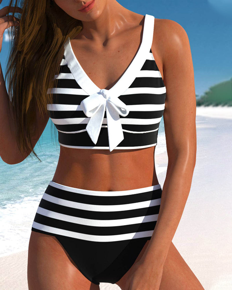 KROHN-E Damen High-Waist Bikini-Set Gestreift Verstellbar