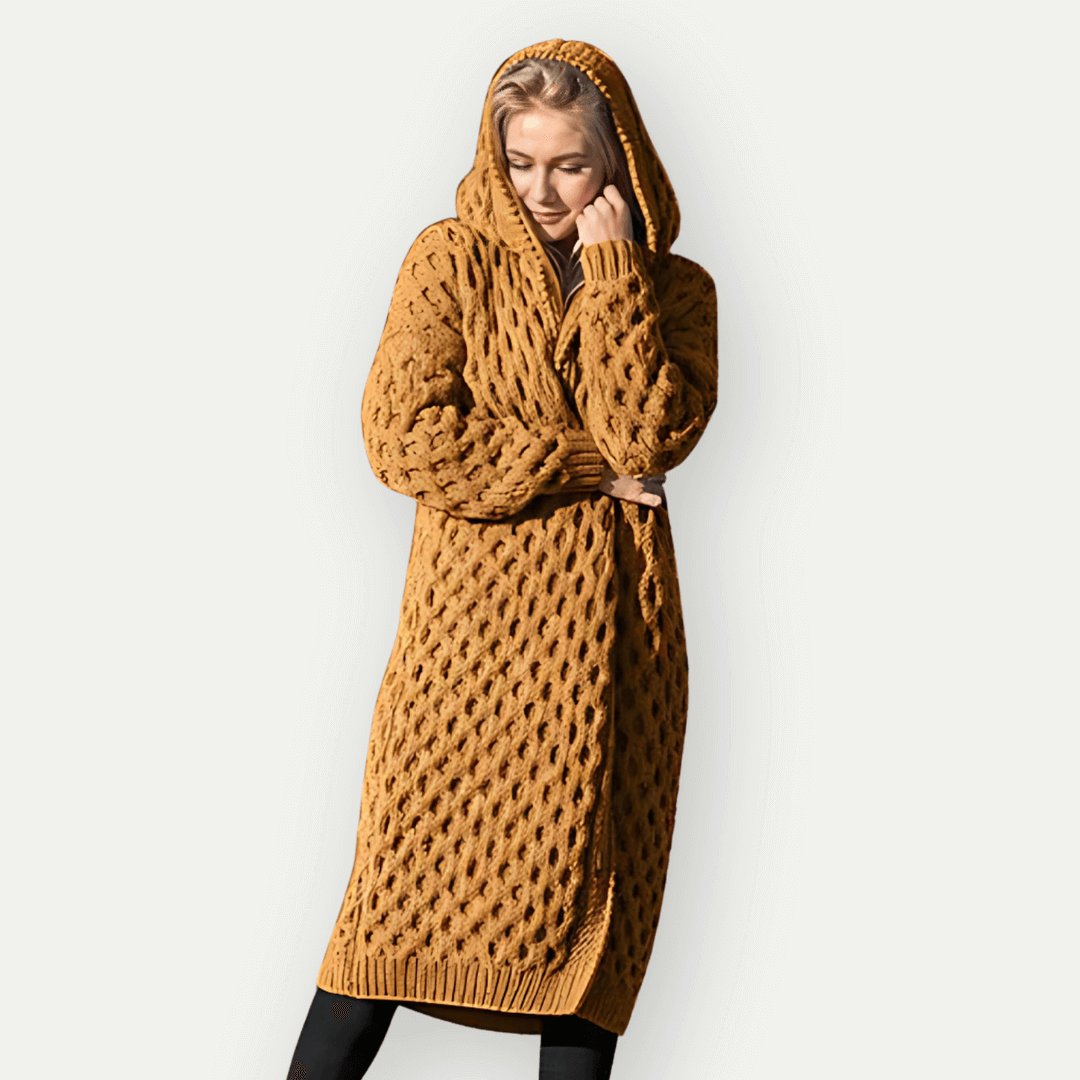 Krohn-e | Strickjacke - Lockere Passform - Langes Modell - Kapuze - Zopfmuster - Offene Vorderseite